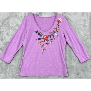 Garnet Hill Blouse Womens Medium Floral Embroidered Scoop Neck Casual Purple
